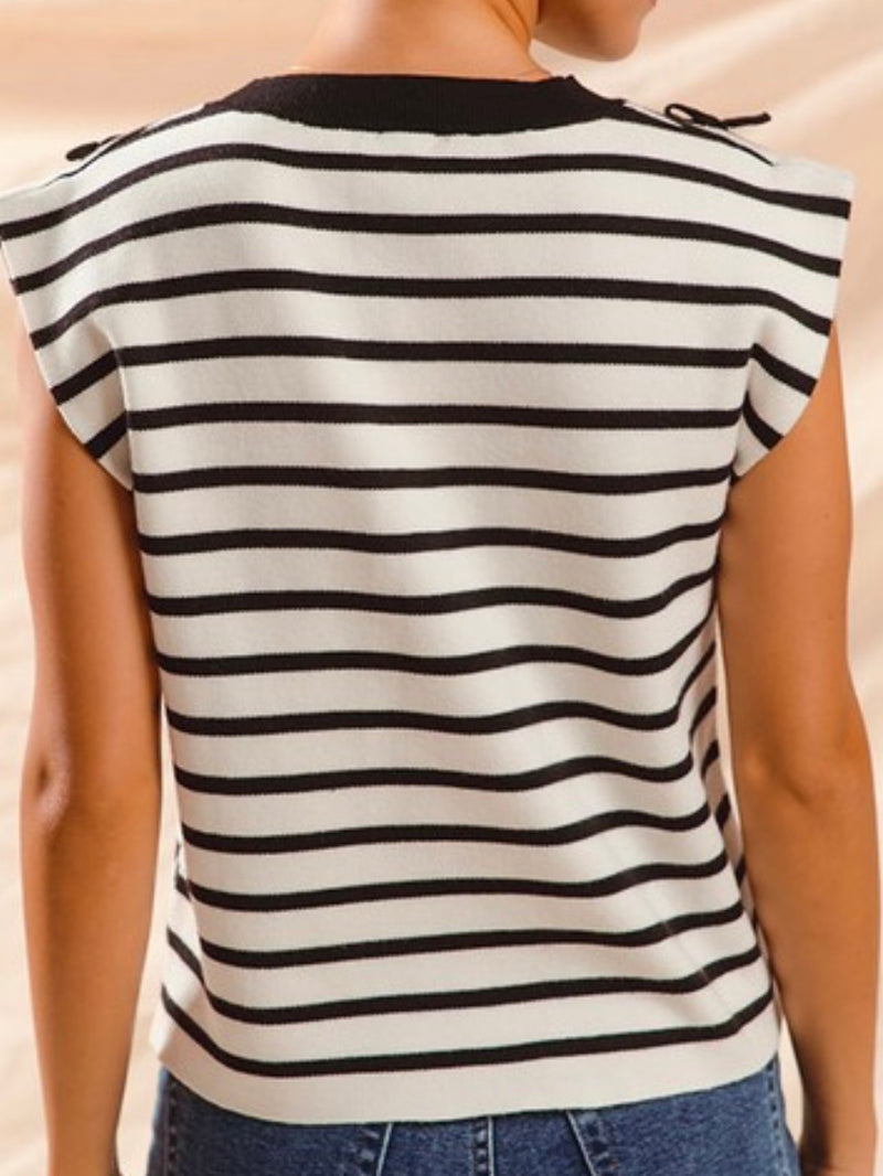 Stripe Contrast Ribbon Sleeveless Sweater Top