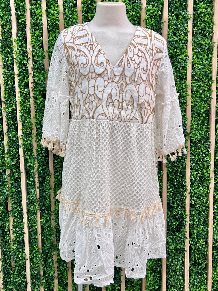 Gold White Lace Tiered Boho Short Dress