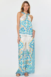 Blue Mediterranean Deco Print Wide Leg Pant