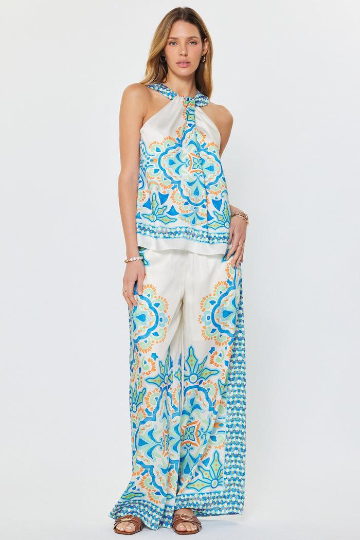 Blue Mediterranean Deco Print Wide Leg Pant