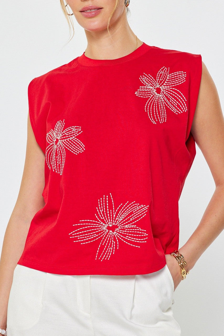Floral Embroidered Cotton Sleeveless Top