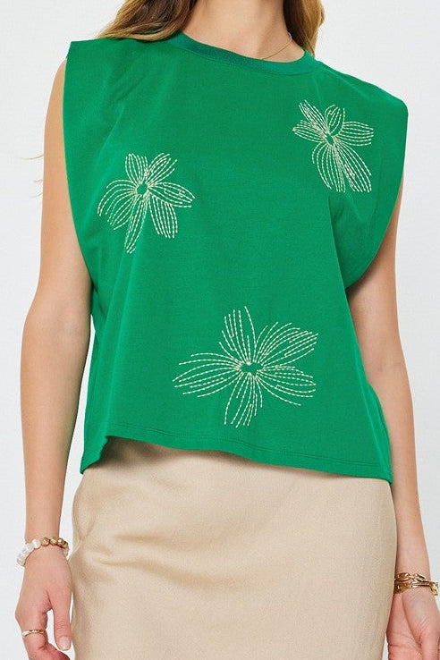 Floral Embroidered Cotton Sleeveless Top