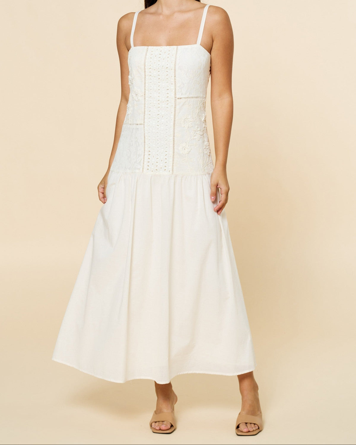 White Floral Embroidered Drop Waist Midi Dress