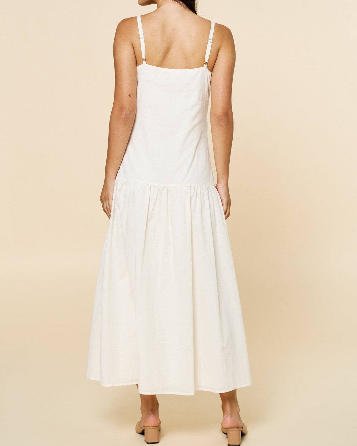 White Floral Embroidered Drop Waist Midi Dress