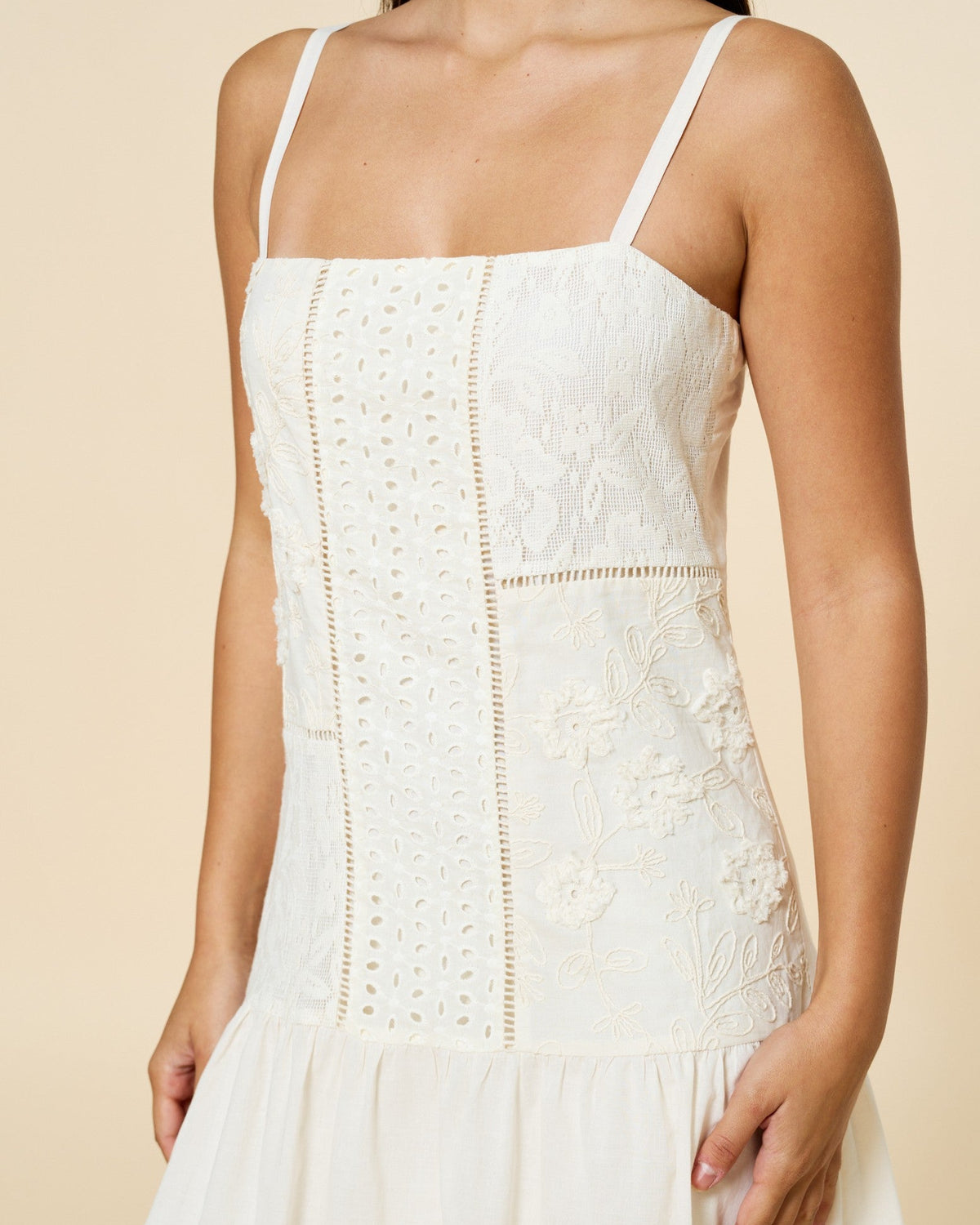 White Floral Embroidered Drop Waist Midi Dress