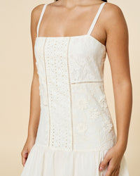 White Floral Embroidered Drop Waist Midi Dress