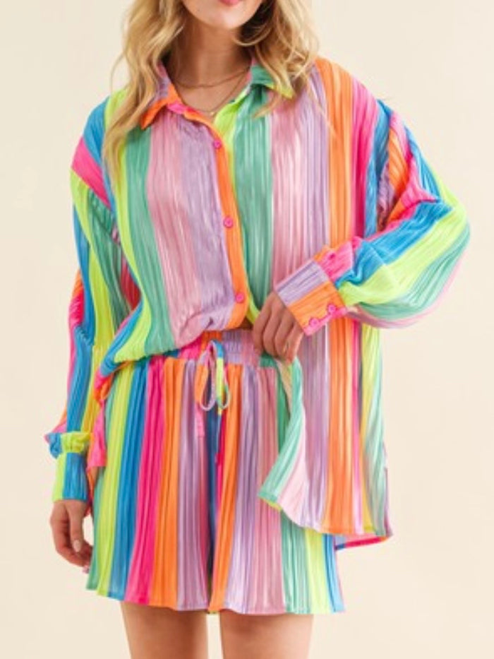 Rainbow Stripes Pleated Short Set