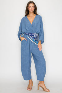 Blue Linen-Blend Jumpsuit with Printed Scarf Belt