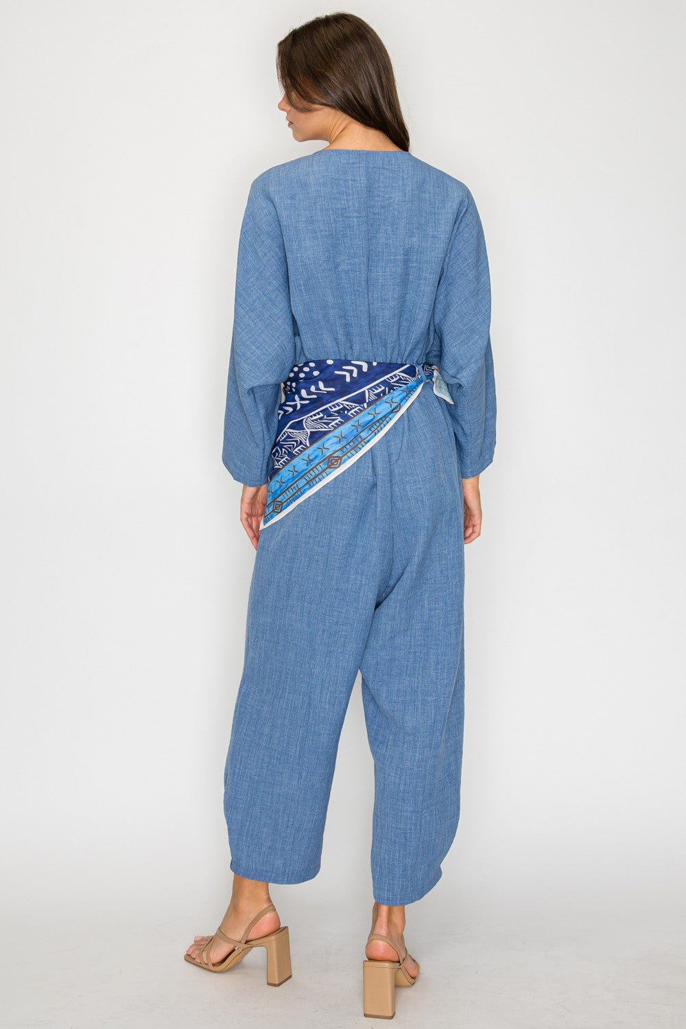 Blue Linen-Blend Jumpsuit with Printed Scarf Belt