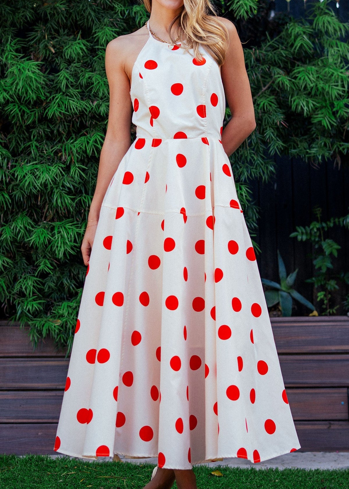 Red Polka Dot Halter Maxi Dress