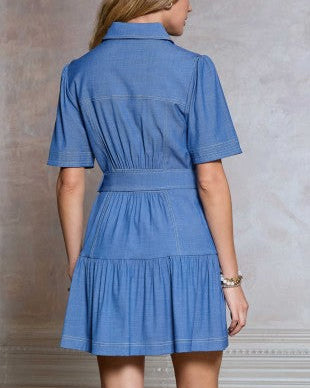Blue Tencel Shirt Drop Waist Short Dress