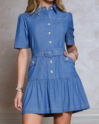 Blue Tencel Shirt Drop Waist Short Dress