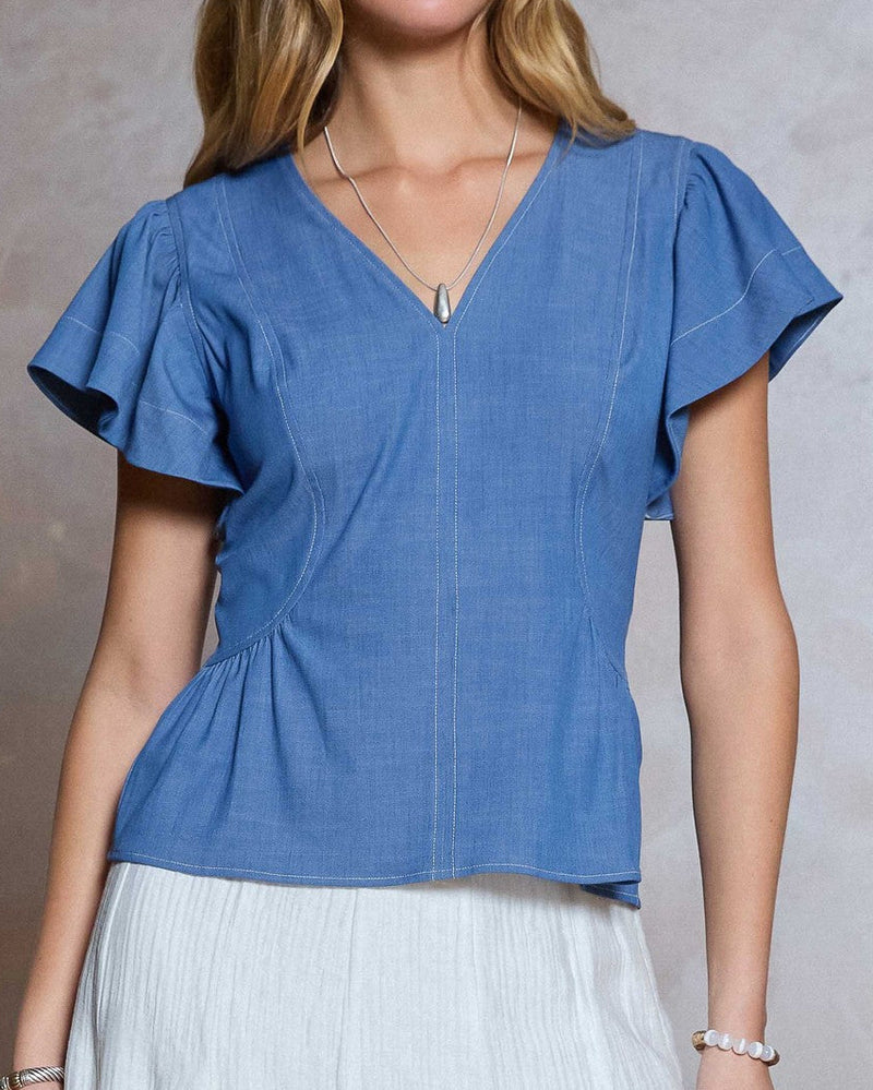 Delicate Tencel Denim Flutter Sleeve Blouse