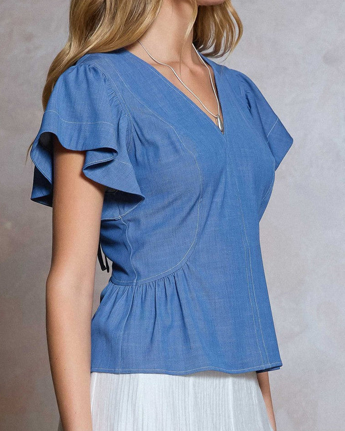 Delicate Tencel Denim Flutter Sleeve Blouse
