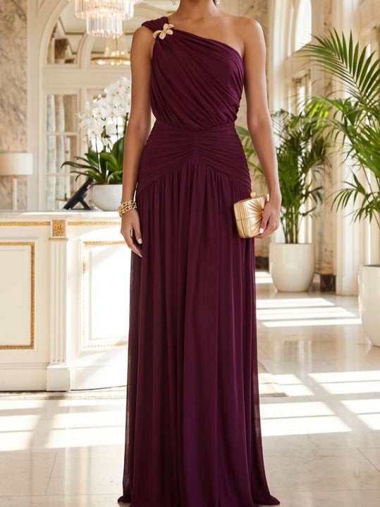 Black Cherry One-Shoulder Draped Maxi Dress