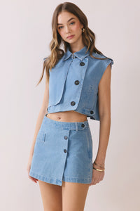 Button And Pocket Detail Denim Skort