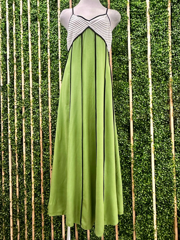 White Green Contrast Linen Maxi Dress