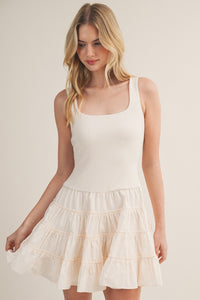 Cream Tiered Ruffle Skirt Sleeveless Short Dress