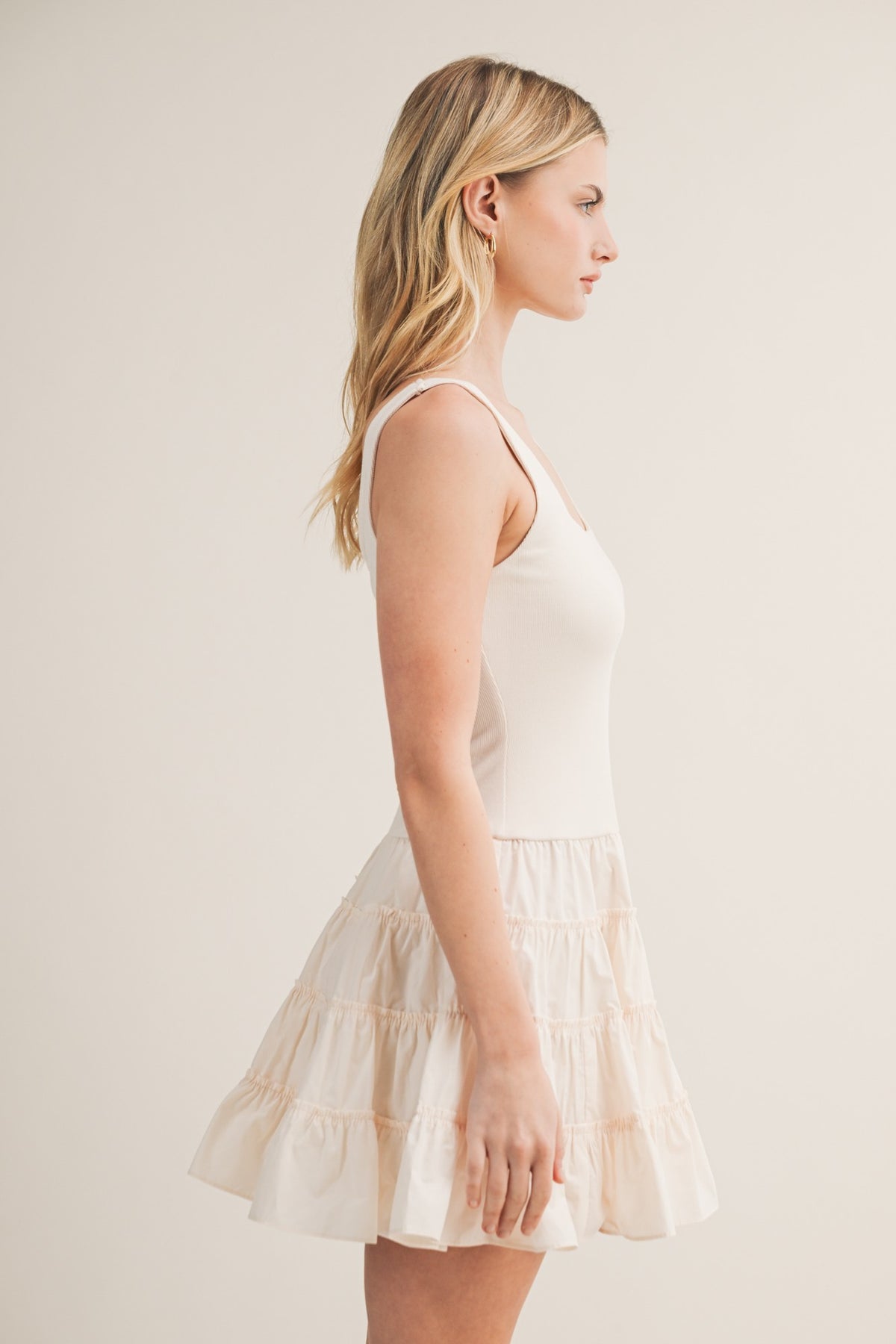 Cream Tiered Ruffle Skirt Sleeveless Short Dress