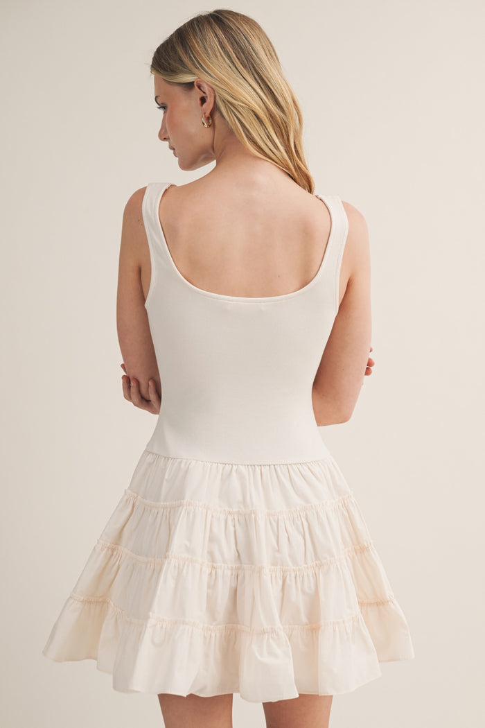Cream Tiered Ruffle Skirt Sleeveless Short Dress
