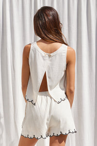 Ivory Black Embroidered Scallop Trim Top & Shorts Set