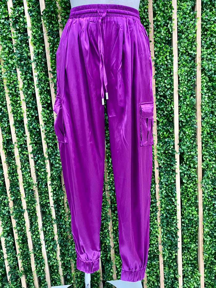 Satin Finish Tie Waist Jogger Pants