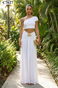White One-Shoulder Ruched Brooch Detail Maxi Skirt Set