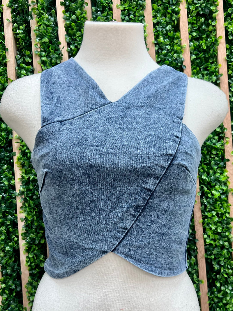 Halter Crossed Denim Crop Top