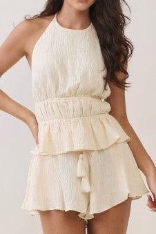 Cream Halter Top & Wide-Leg Short Pants Set