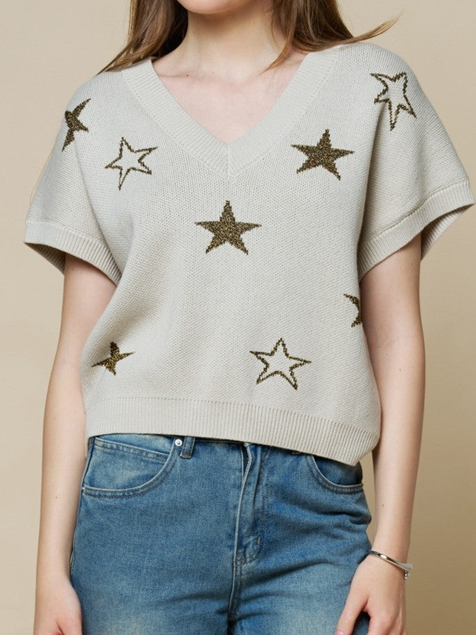 Taupe Starlight V-Neck Knit Top