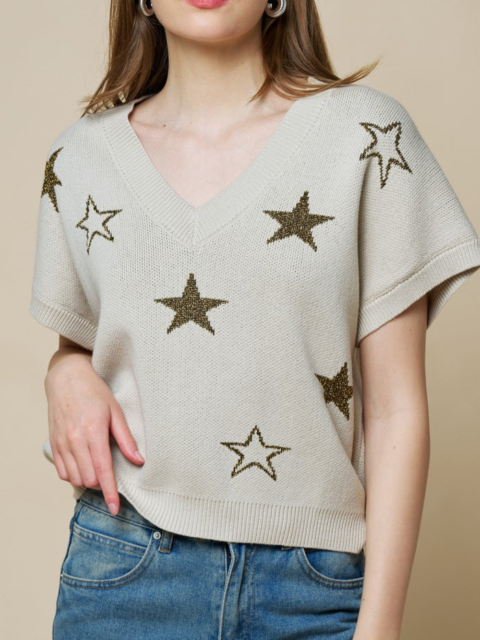 Taupe Starlight V-Neck Knit Top