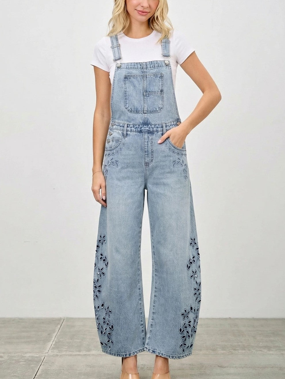 Light Wash Floral Cutout Wide-Leg Denim Overalls