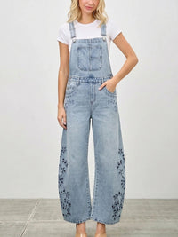 Light Wash Floral Cutout Wide-Leg Denim Overalls