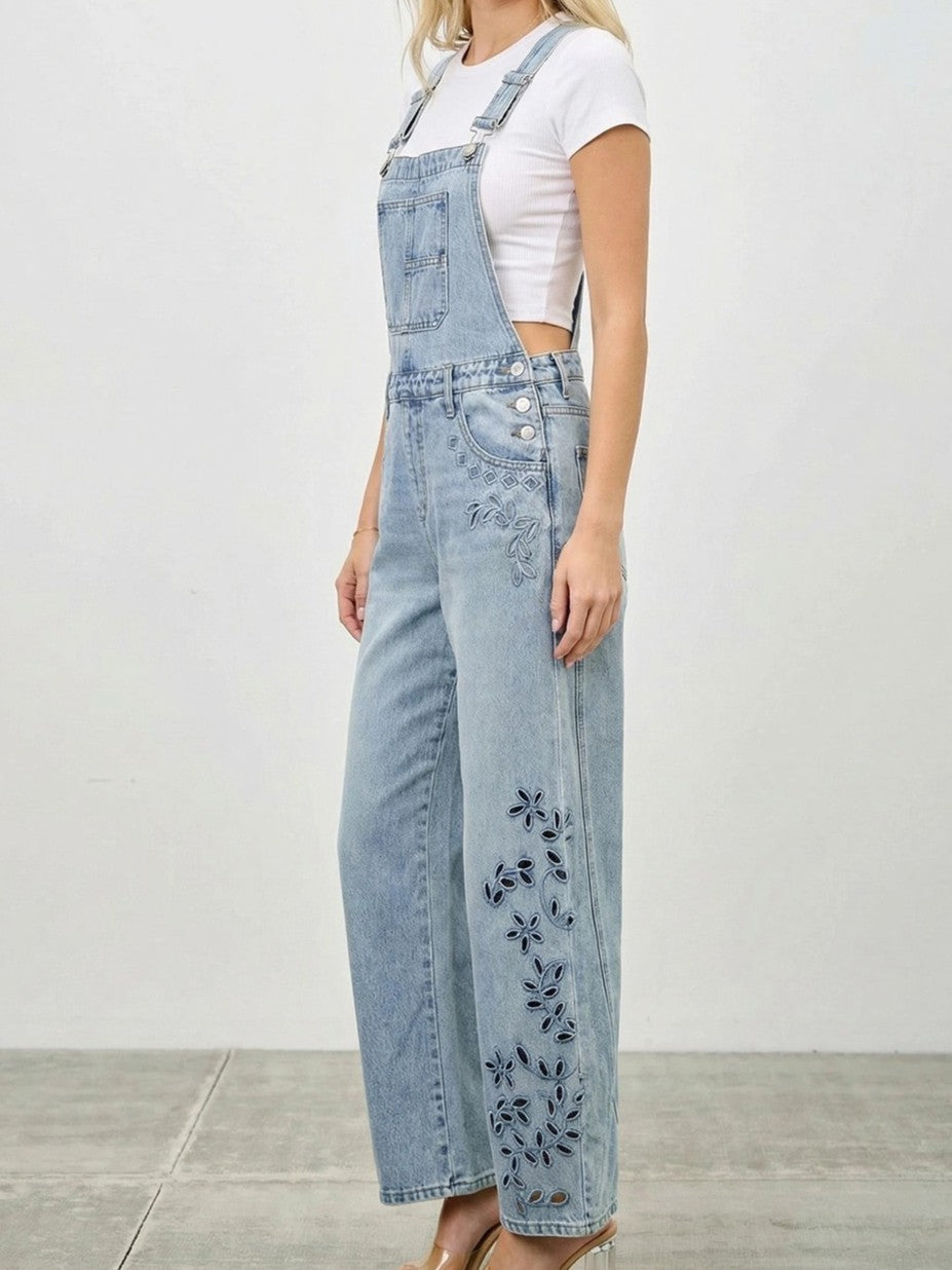 Light Wash Floral Cutout Wide-Leg Denim Overalls