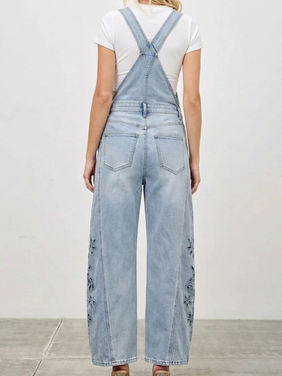 Light Wash Floral Cutout Wide-Leg Denim Overalls