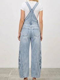 Light Wash Floral Cutout Wide-Leg Denim Overalls
