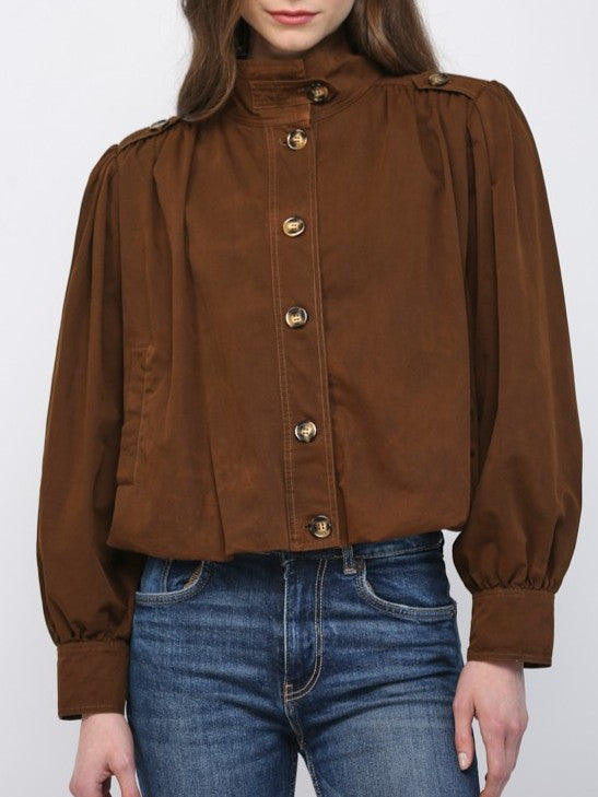 Brown High Stand Collar Gathered Hem Bomber Jacket
