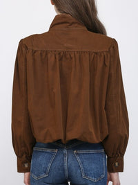 Brown High Stand Collar Gathered Hem Bomber Jacket