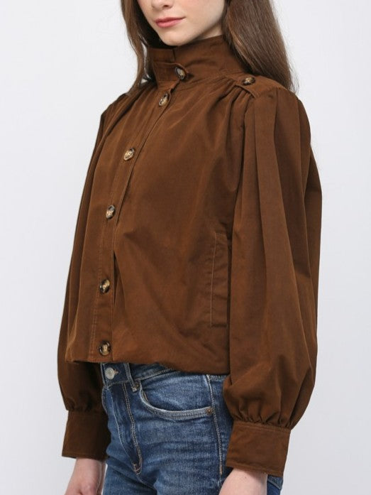 Brown High Stand Collar Gathered Hem Bomber Jacket