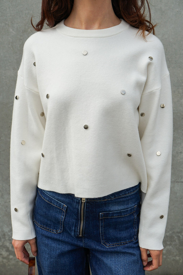 Ivory Studded Knit Sweater | Metallic Detail