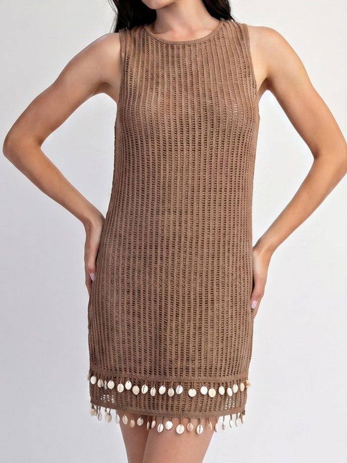 Mocha Open Knit Shell Trim Mini Dress