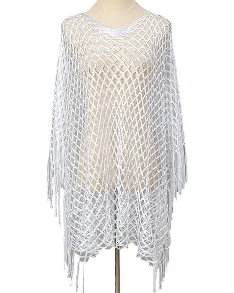 Mesh Fringed Pullover Shawl Coverup