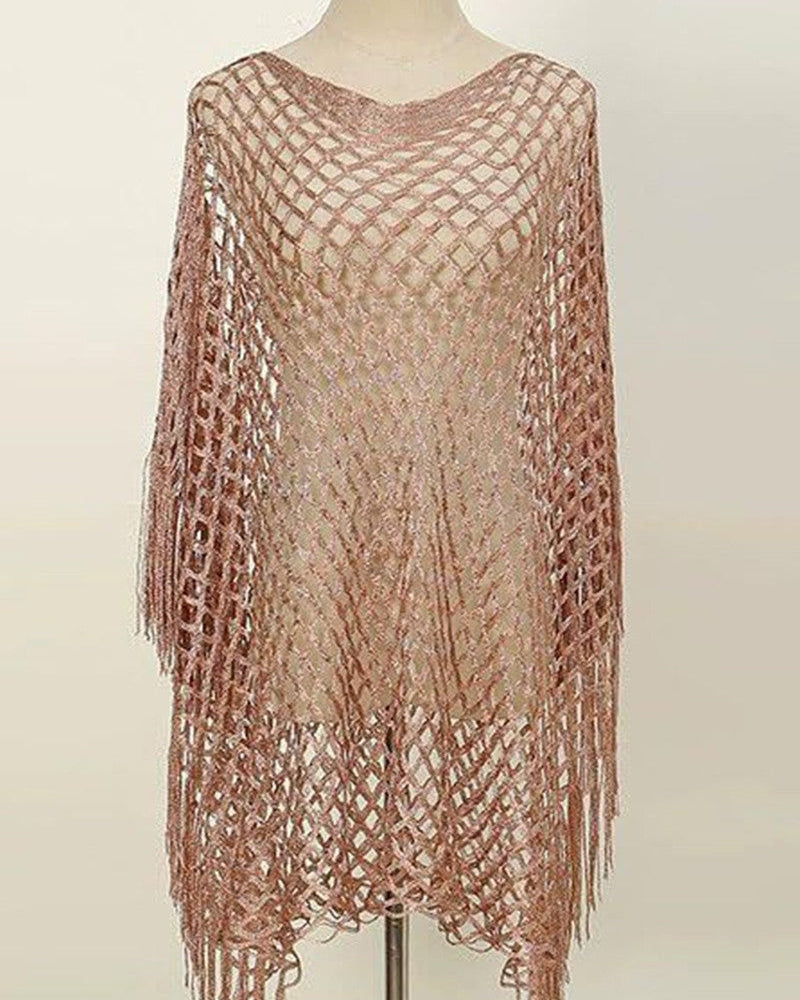 Mesh Fringed Pullover Shawl Coverup