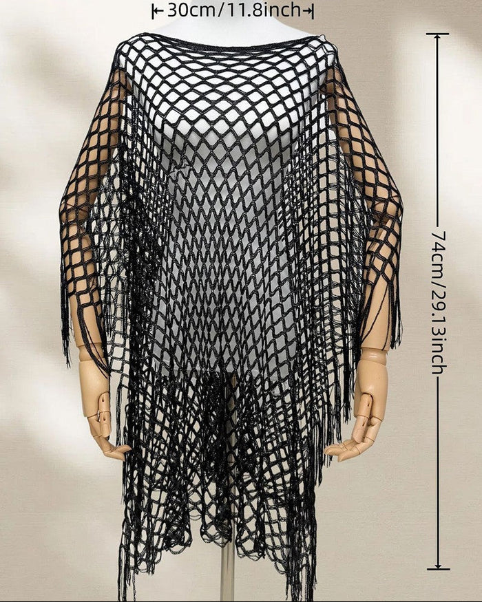 Mesh Fringed Pullover Shawl Coverup