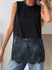 Black Lace Hem Sleeveless Top | Sheer Lace Layering Tank