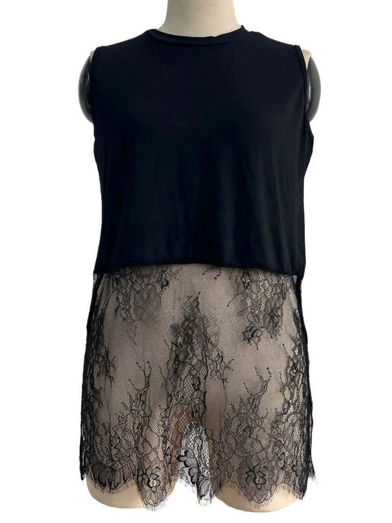 Black Lace Hem Sleeveless Top | Sheer Lace Layering Tank