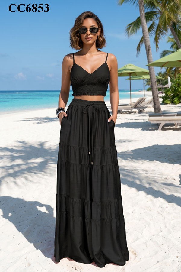 Black Smocked Crop Top & Tiered Maxi Skirt Set