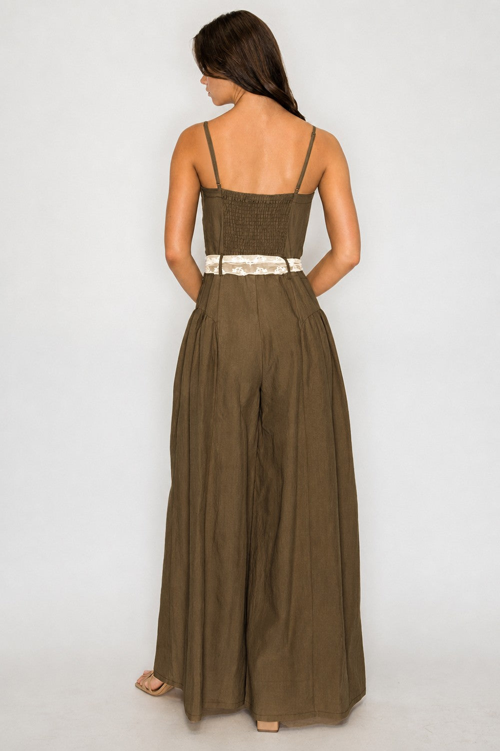 Mocha Wide-Leg Jumpsuit with Lace Tie Belt
