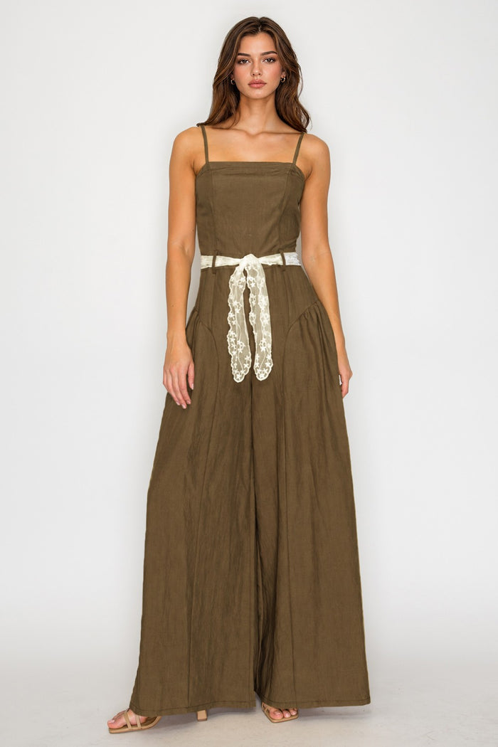 Mocha Wide-Leg Jumpsuit with Lace Tie Belt