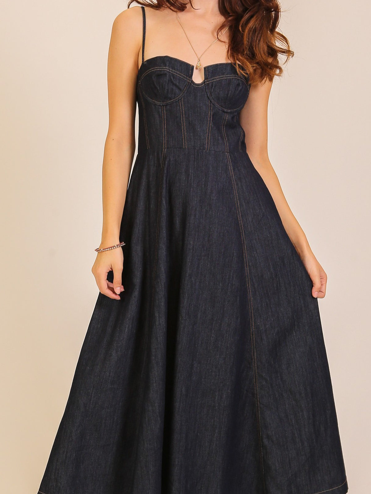 Dark Wash Denim Bustier Midi Dress